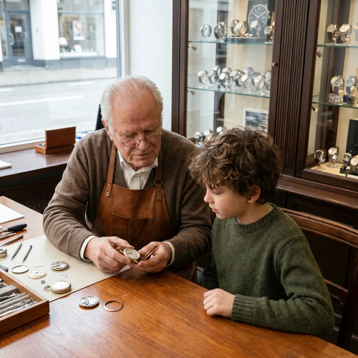 Watchmaker admiring a display of classic watches