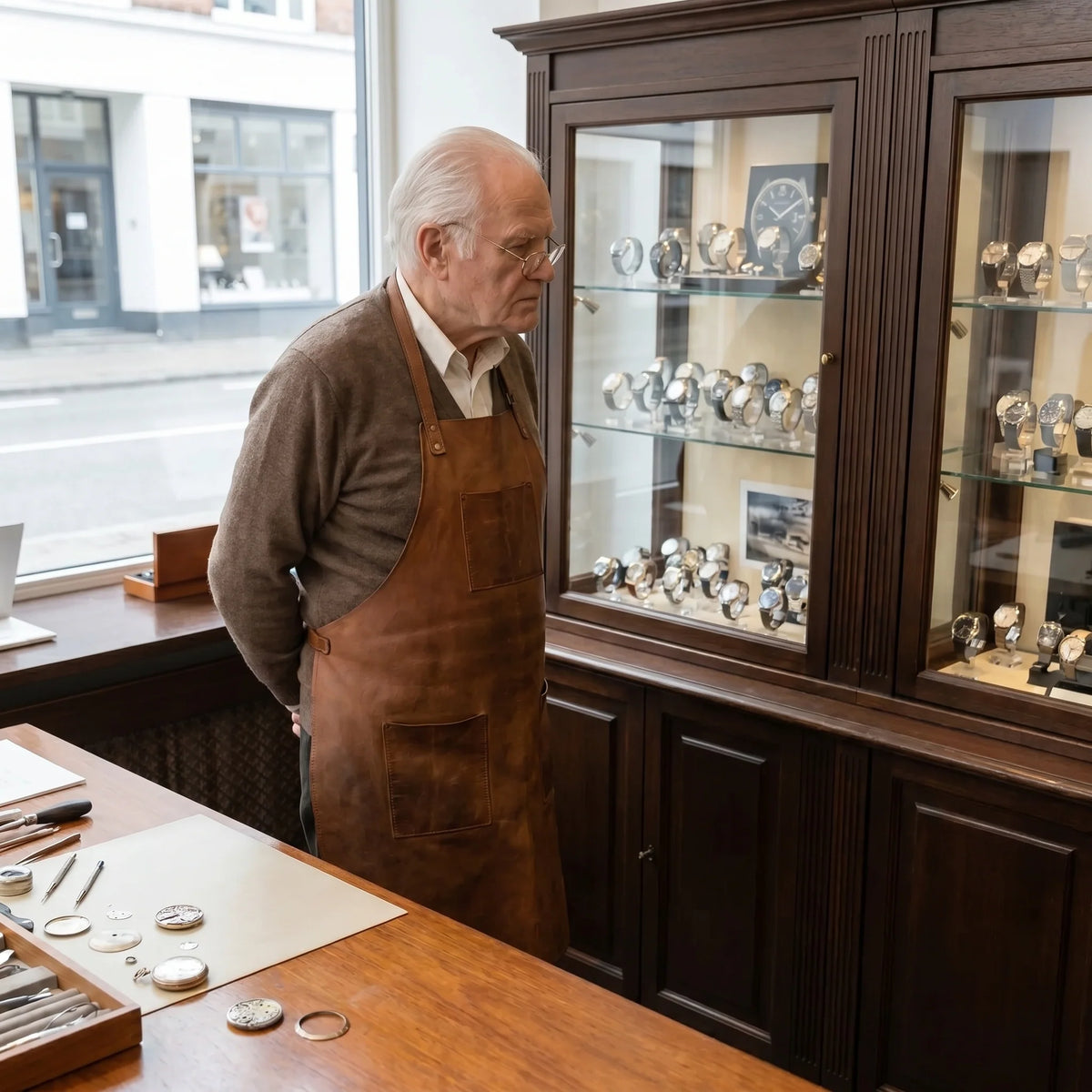 Watchmaker sharing a watch with a young family member at a workbench